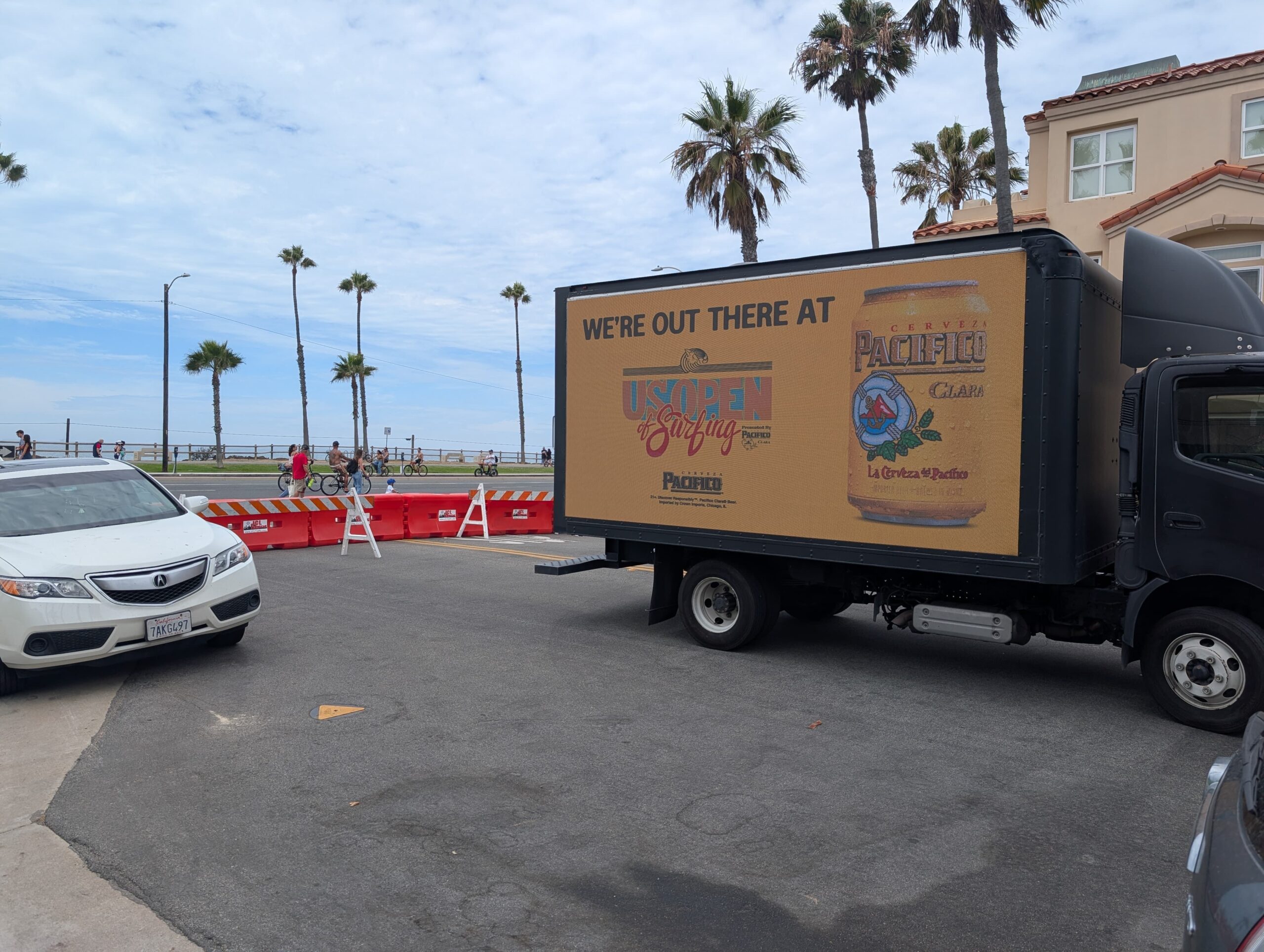 Digital LED billboard truck rental parked on International Drive in Orlando, Florida